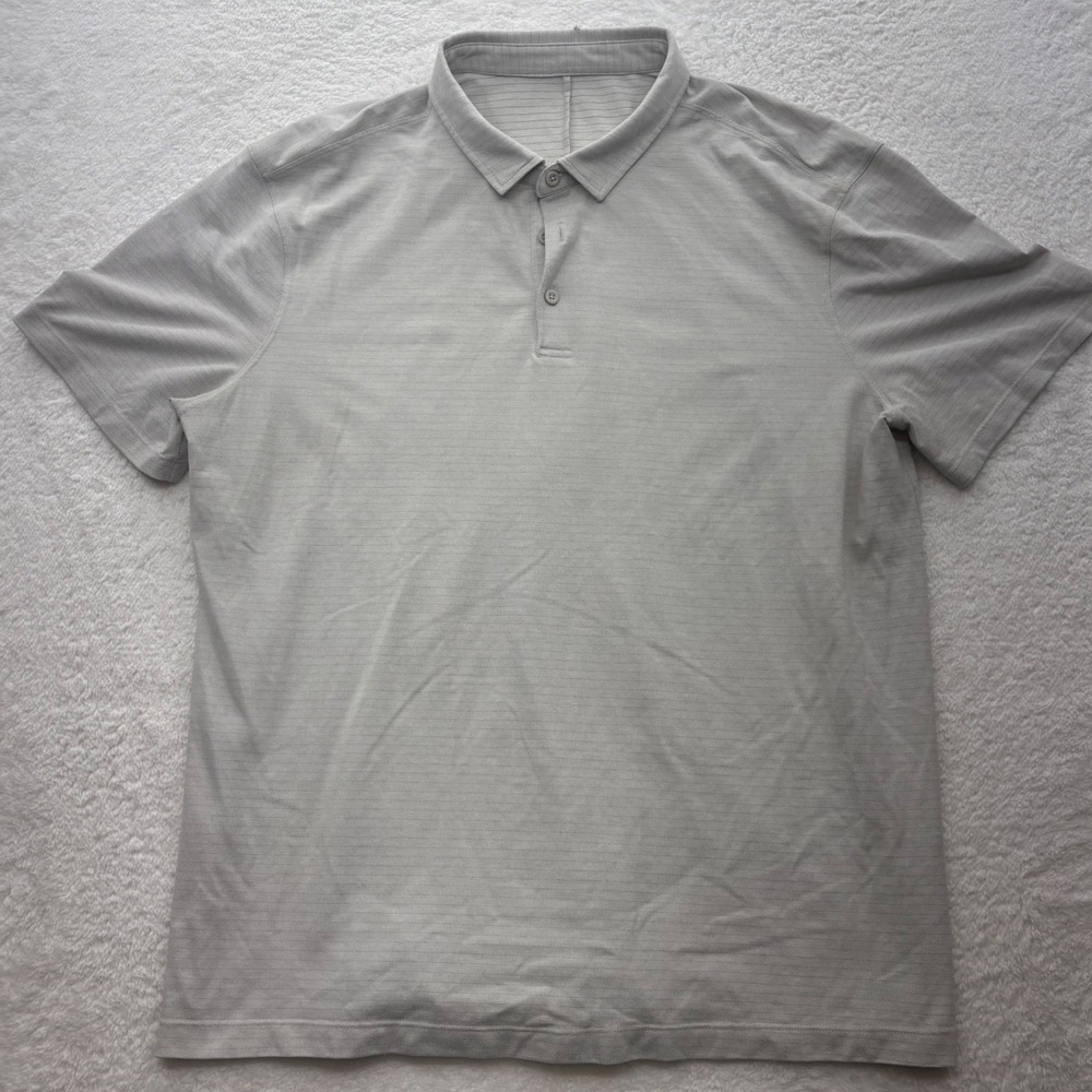 Lululemon Evolution Polo Shirt Tan Khaki Micro Stripe Short Sleeve Mens XL